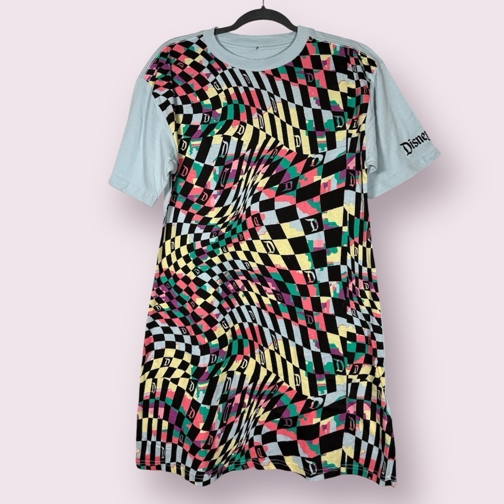 Disney Disneyland Blue and Rainbow Checkered Swirl T Shirt Dress Small